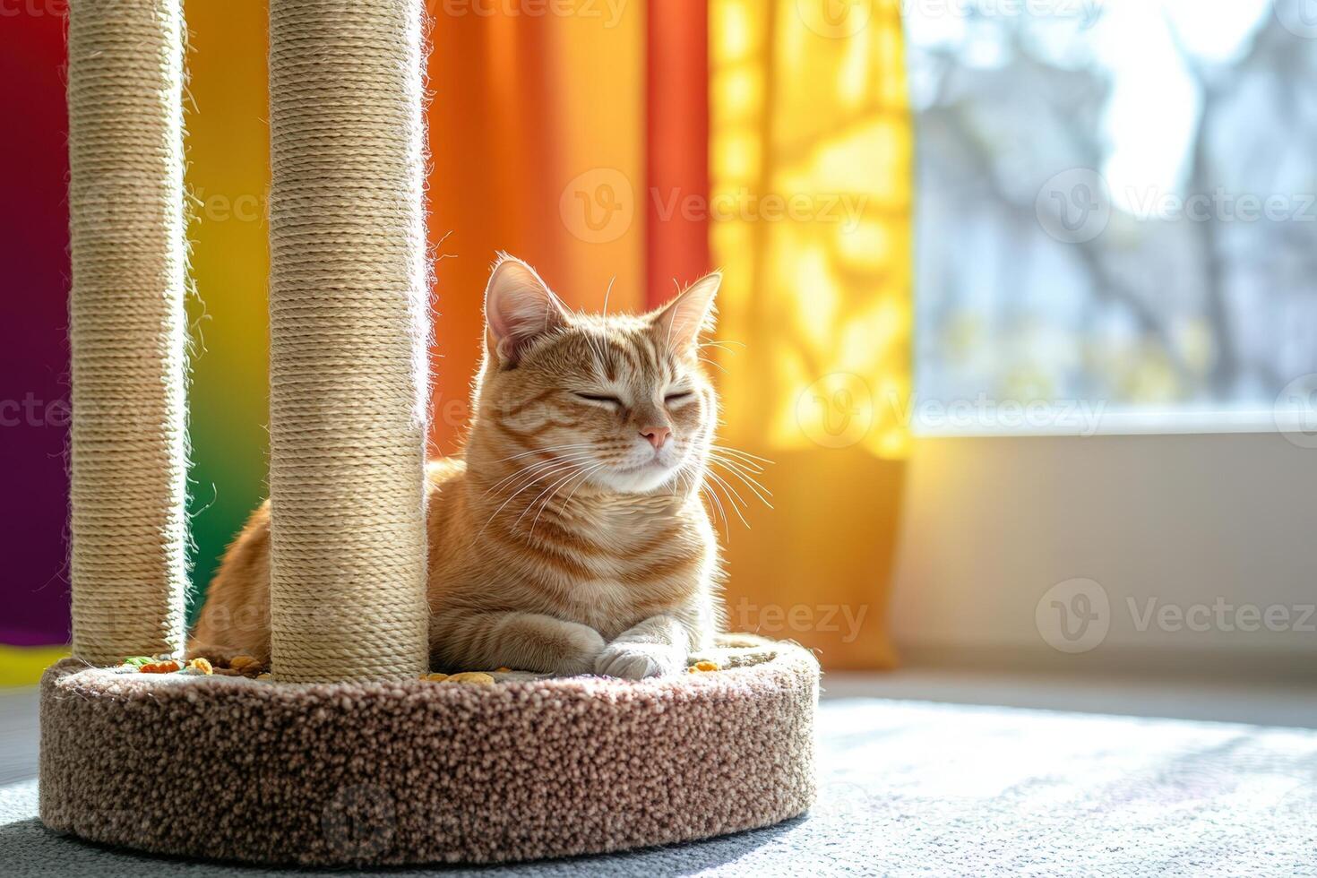 Cat Sitting on Scratching Post photo