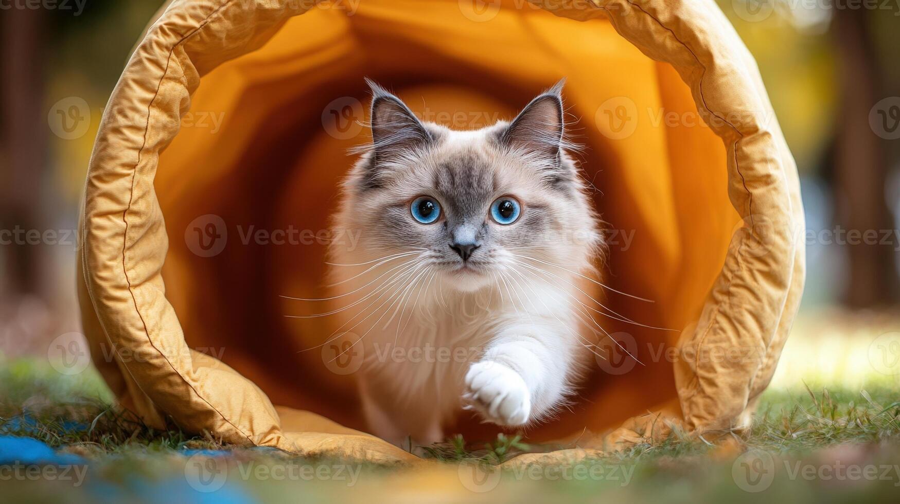 Siamese Cat Emerging from Tunnel Bed. photo