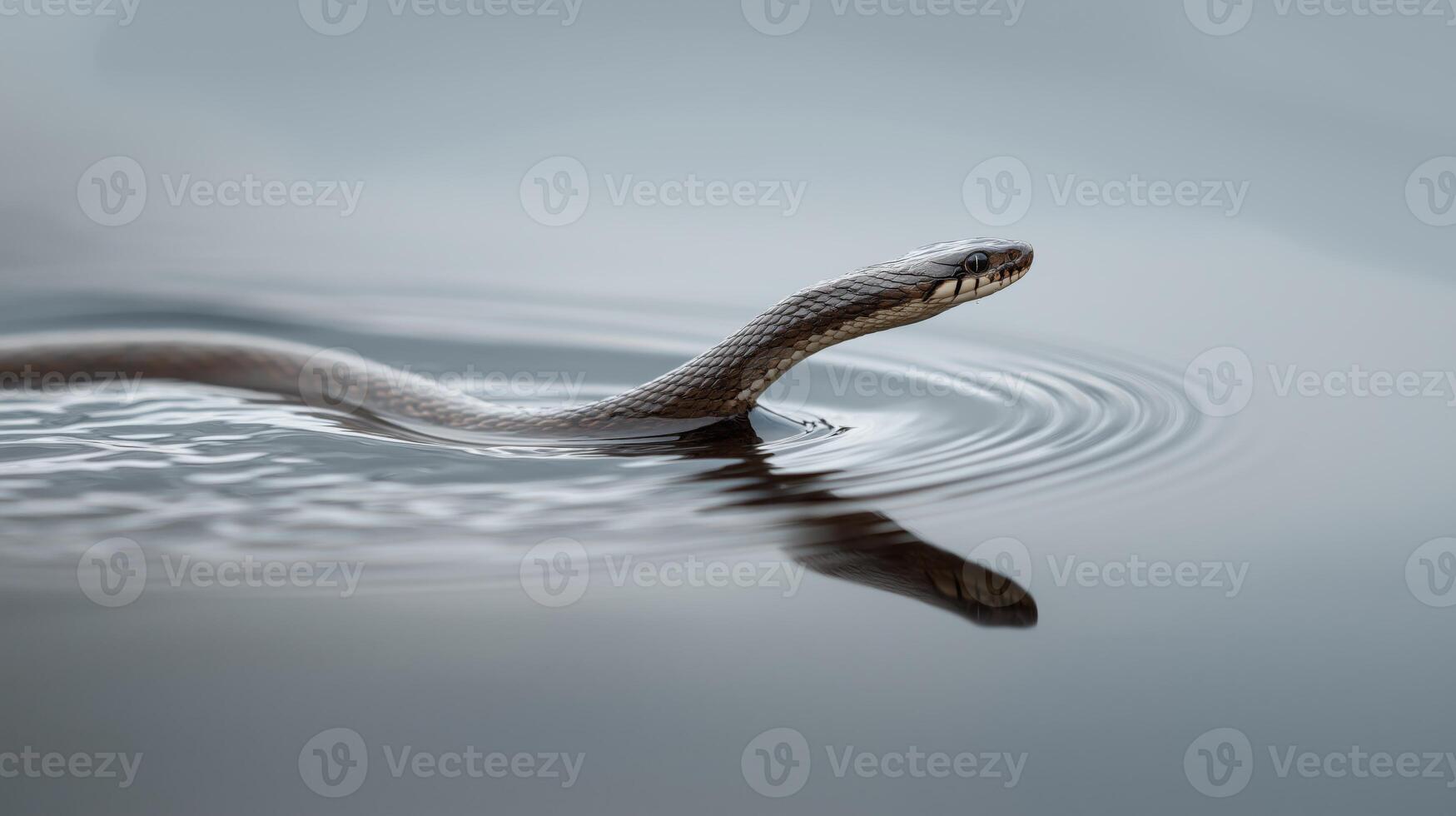 A slender water snake glides through a calm lake at dusk, creating gentle ripples. photo