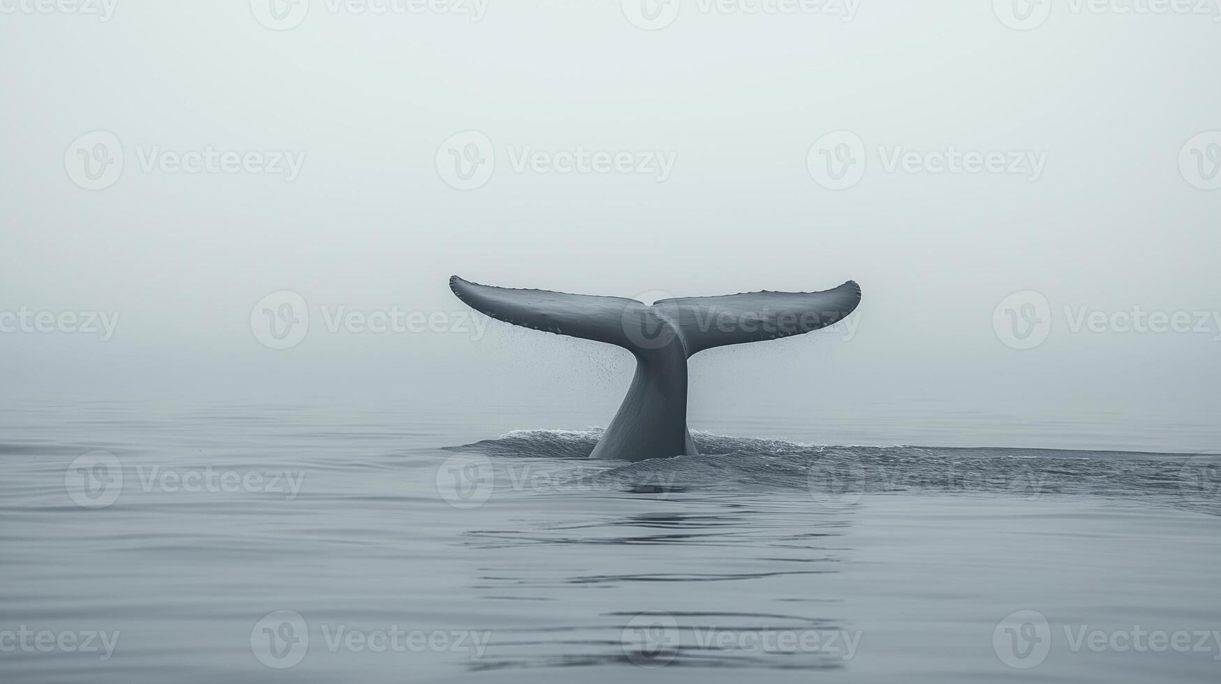 A whale tail breaks the calm, foggy dawn water, evoking a serene atmosphere. photo