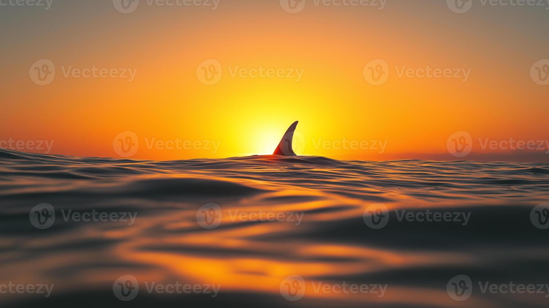 A shark fin breaks the surface of calm ocean waters at sunset, creating a serene atmosphere. photo