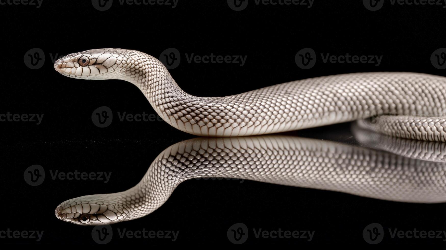 A white snake moves gracefully across a shiny black surface, highlighting its smooth scales. photo