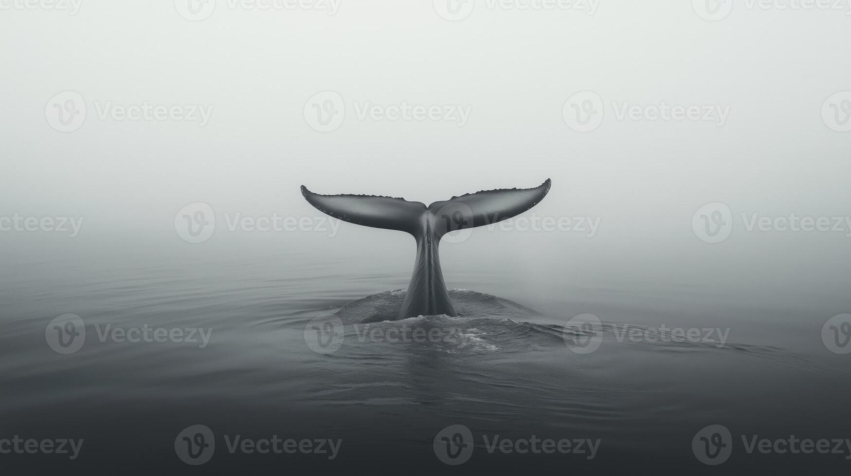 A whale lifts its tail gracefully above the misty water in the calm morning. photo