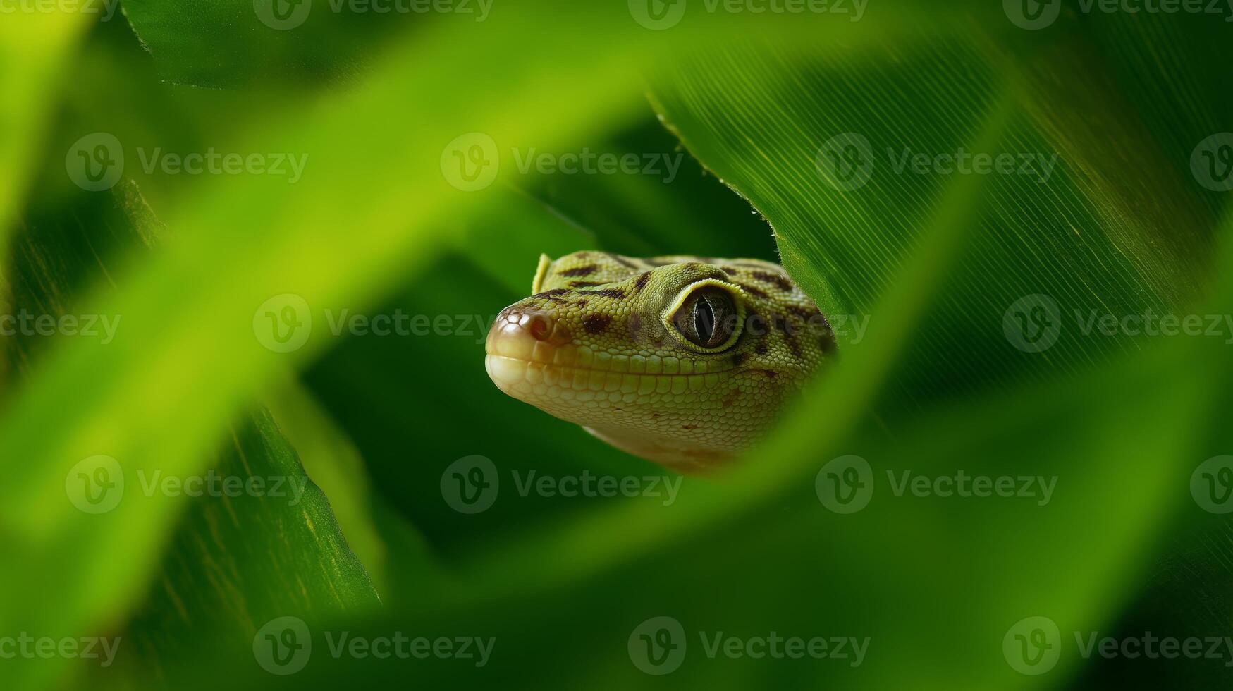 A small lizard is curiously observing its surroundings from behind vibrant green foliage. photo