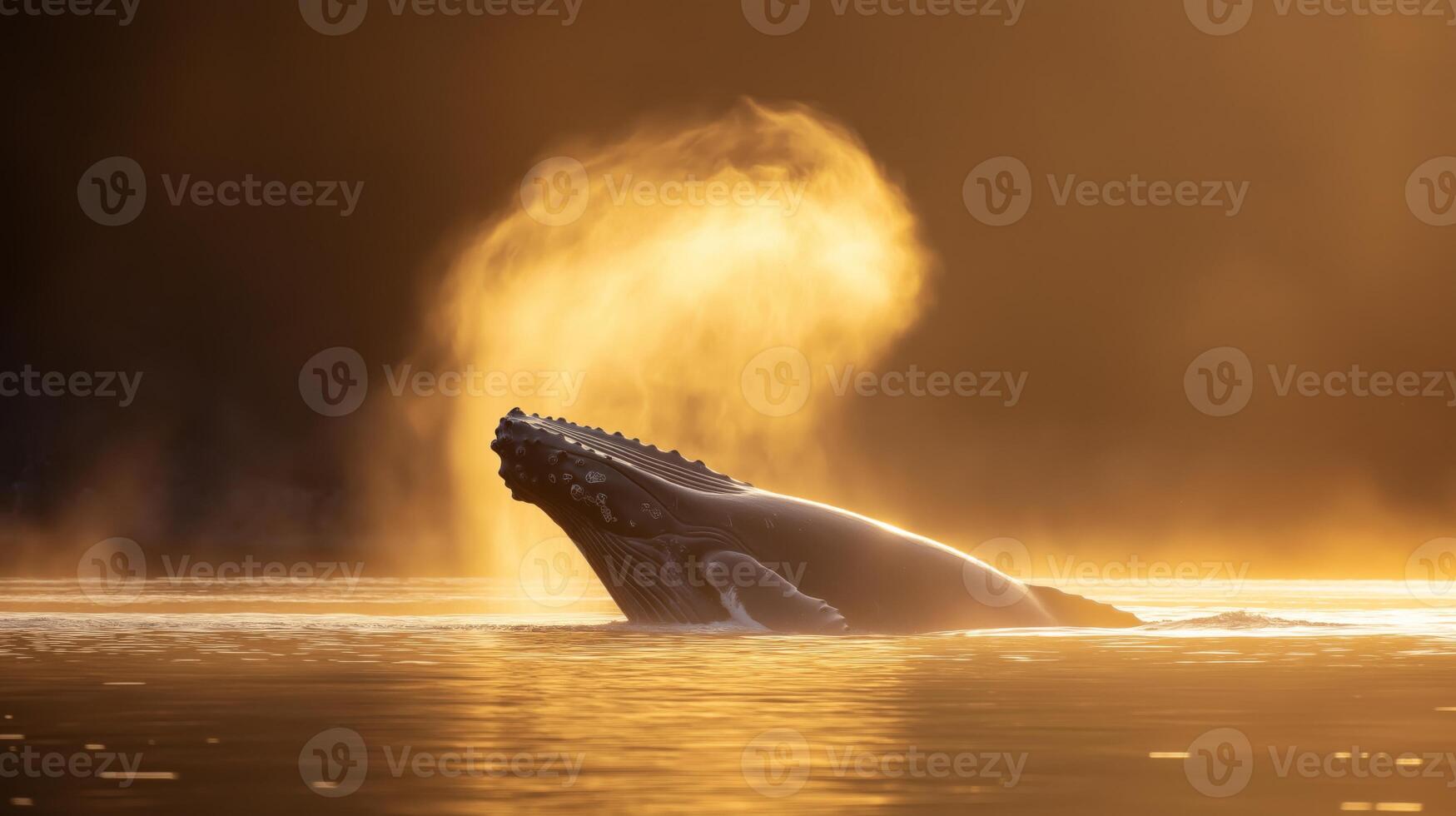 A humpback whale surfaces at sunset, mist rising as golden light dances on the water. photo