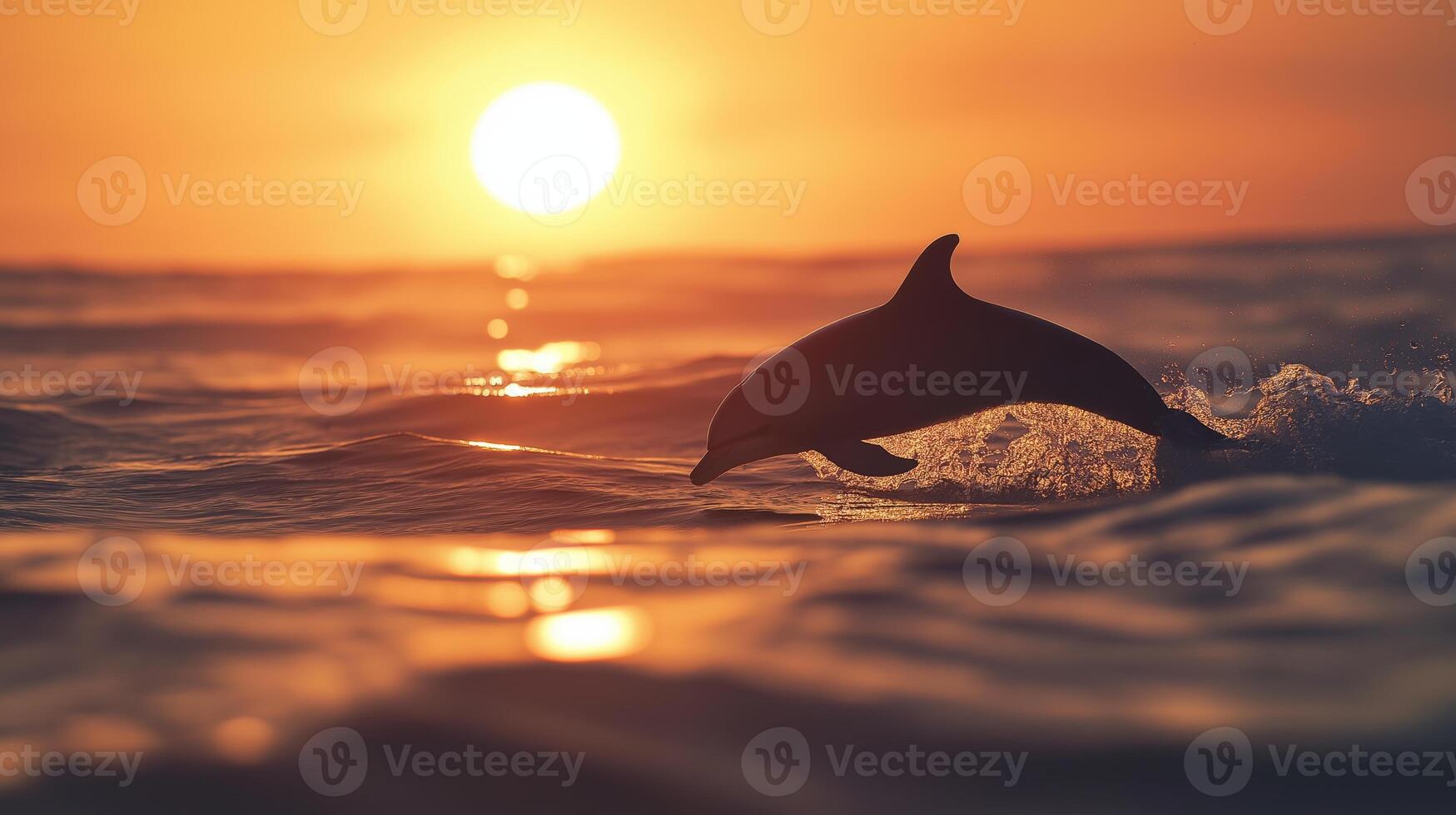 A dolphin jumps above the waves during a golden sunset, showcasing its elegance and beauty. photo