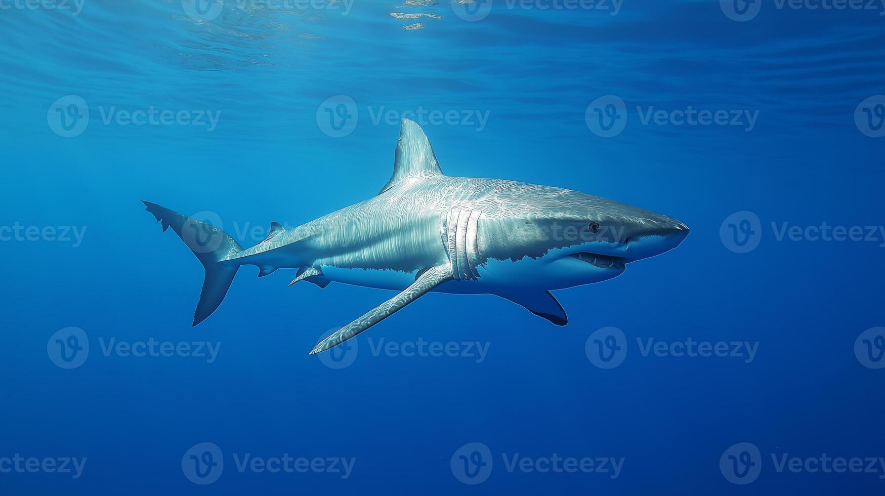 A great white shark glides through clear waters, revealing its powerful shape and sharp features. photo