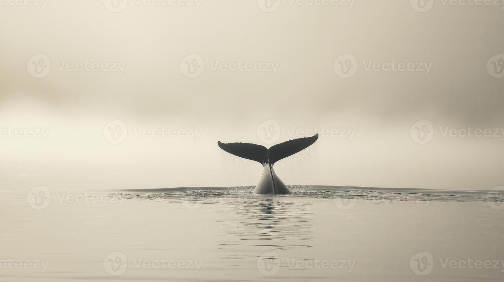 A whale displays its tail while surfacing in tranquil waters at dawn, surrounded by mist. photo