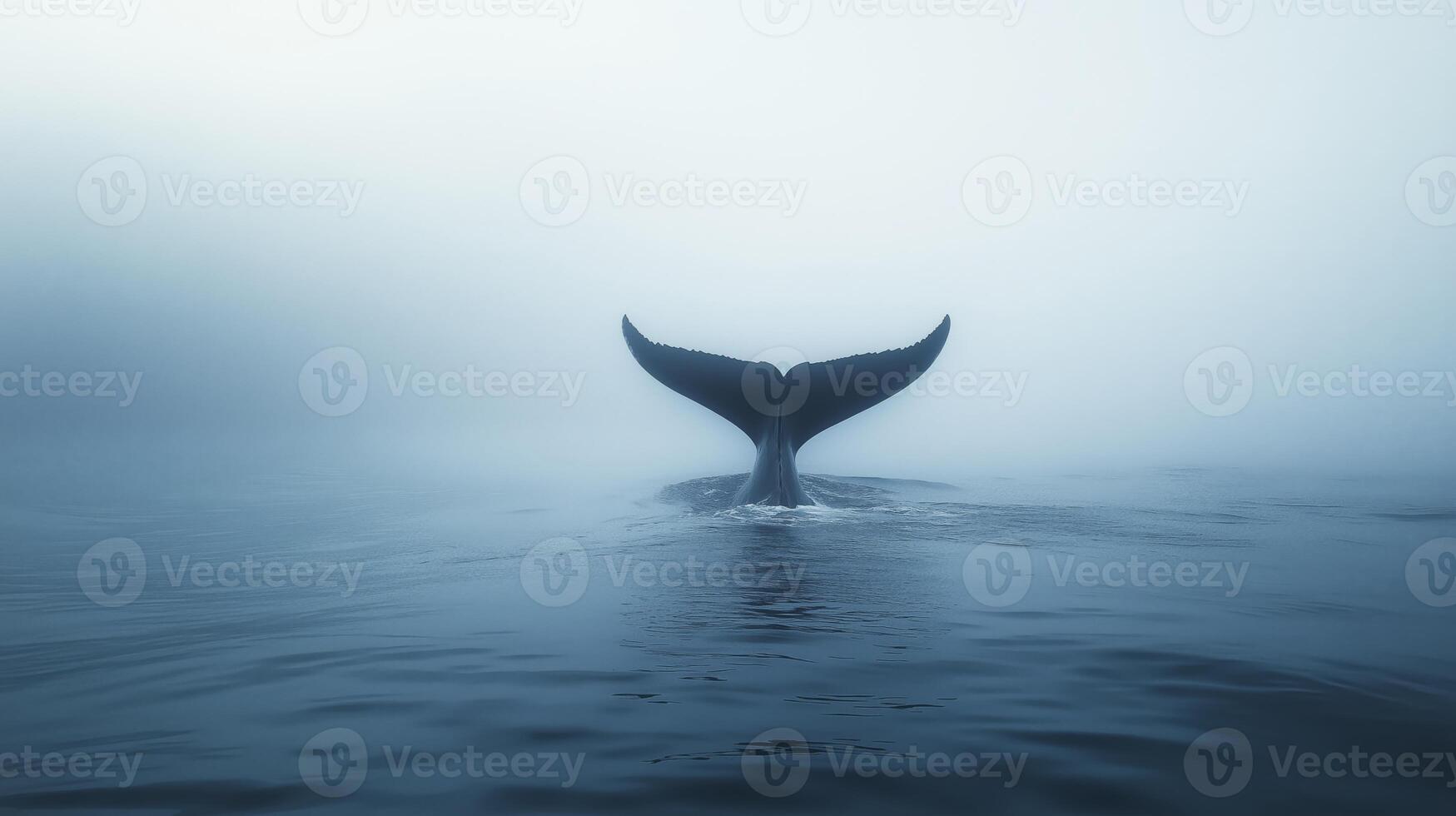 A whale's tail rises from calm waters amid a misty atmosphere during early morning light. photo