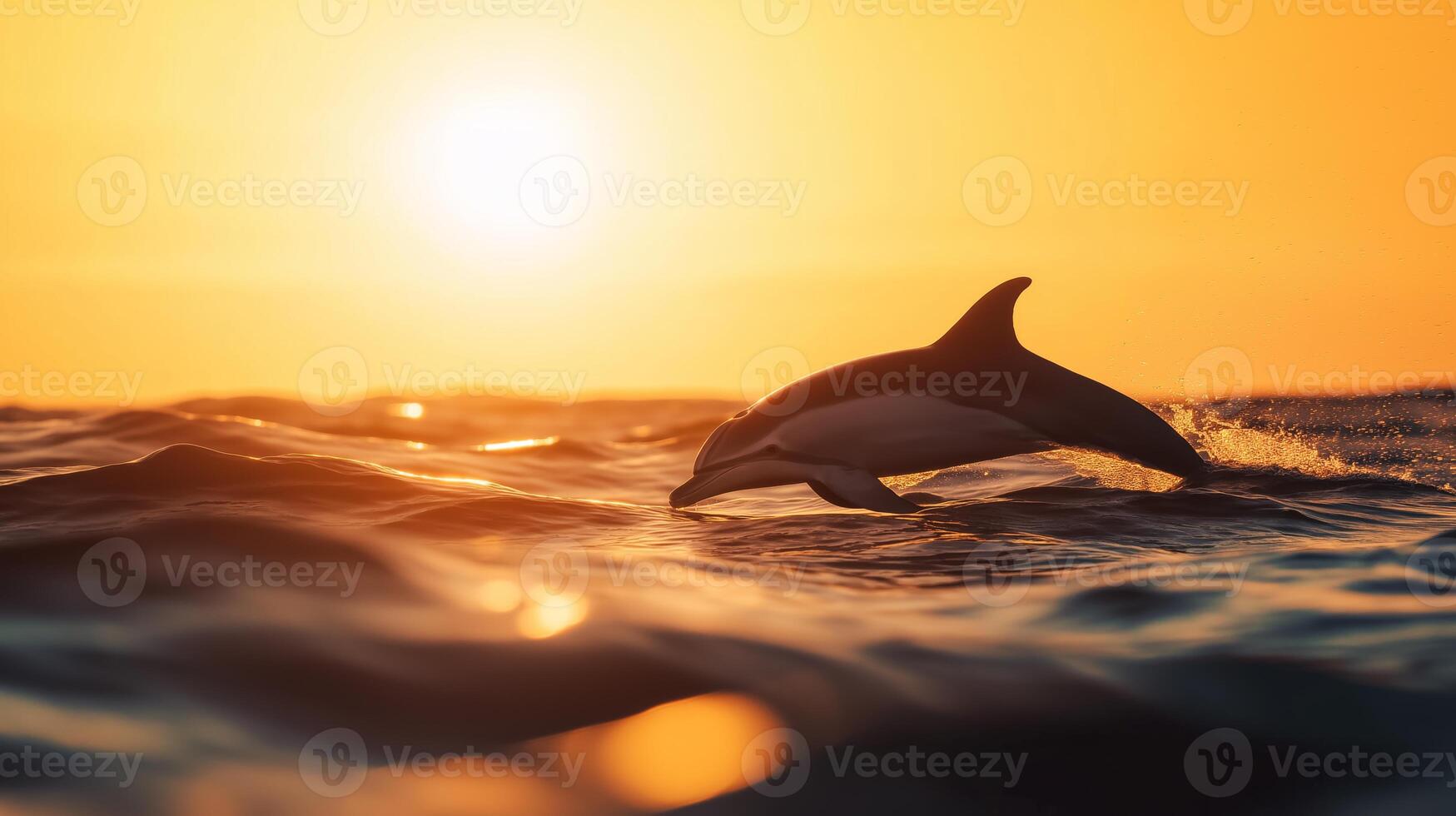 A dolphin jumps out of the water at sunset, creating splashes amidst serene ocean waves. photo