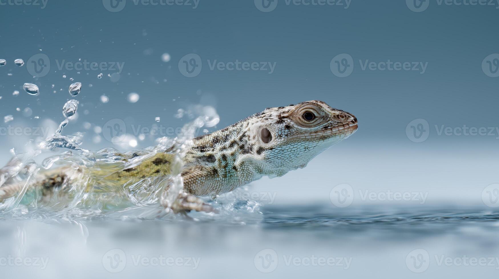 A lizard is swimming energetically in water, creating splashes around it on a clear day. photo