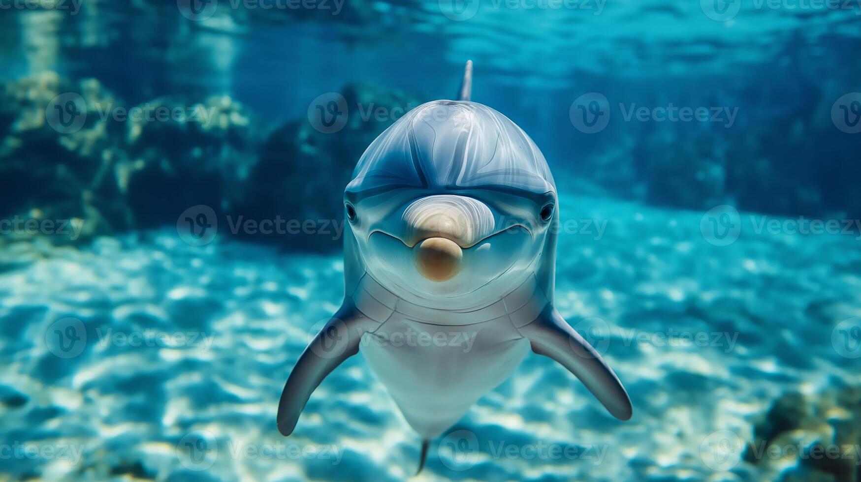 A dolphin playfully balances a shell on its snout in clear blue water. photo