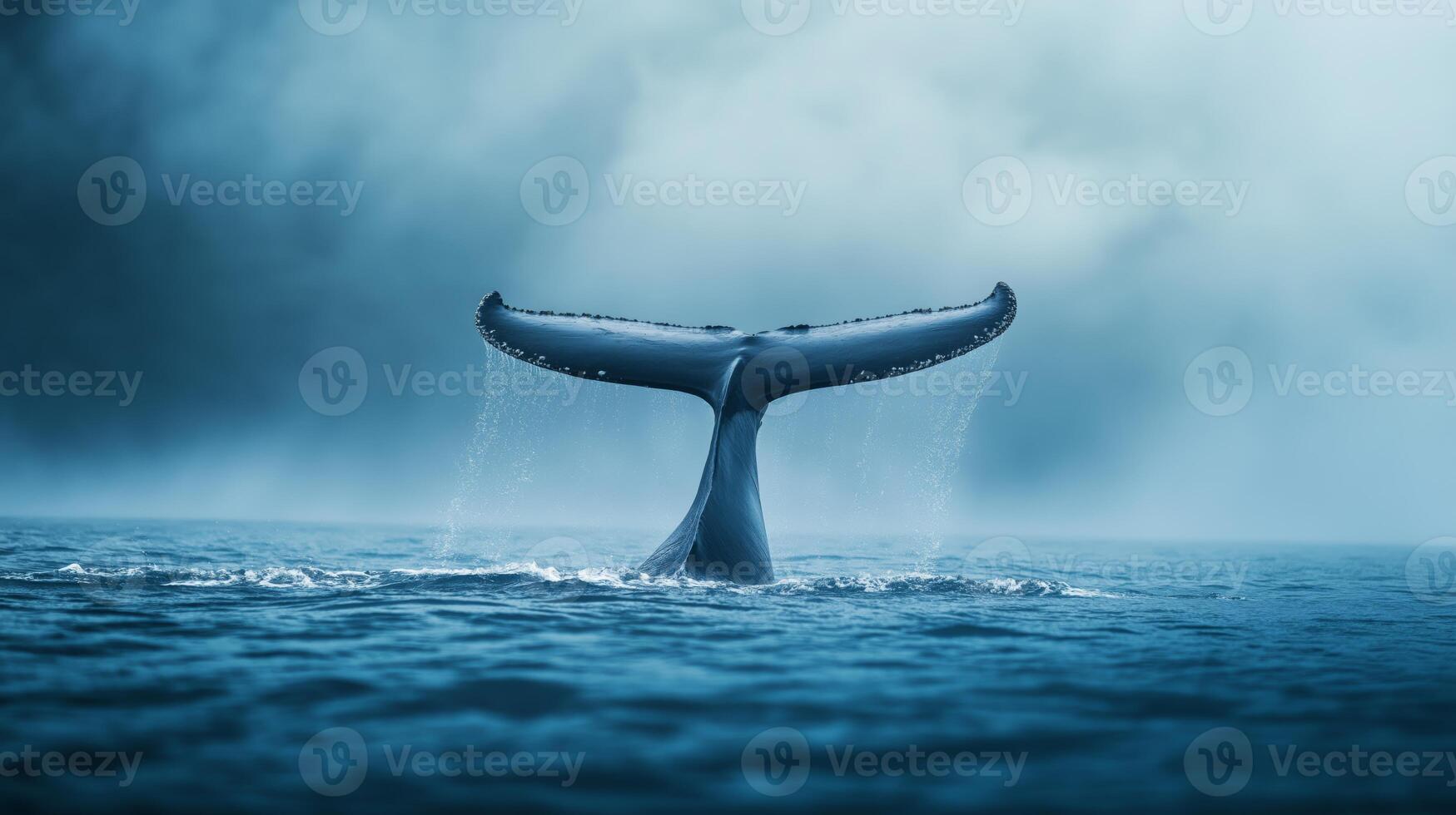 A whale tail surfaces, spraying droplets as fog envelops the horizon. photo