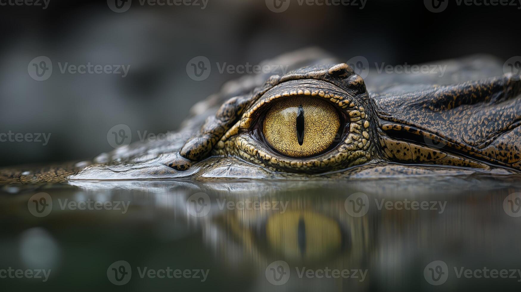 Crocodile eye peers above water surface, capturing the serene environment at twilight. photo
