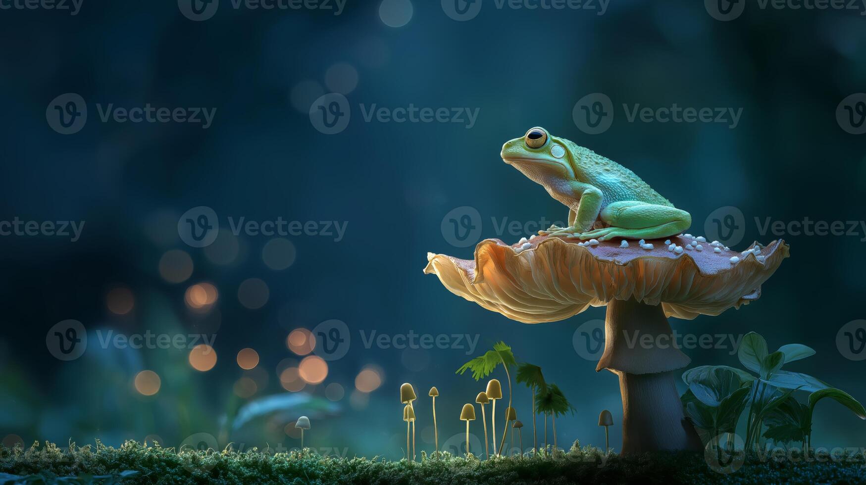 A green frog sits on a large mushroom in a dimly lit forest as enchanting lights glow around. photo
