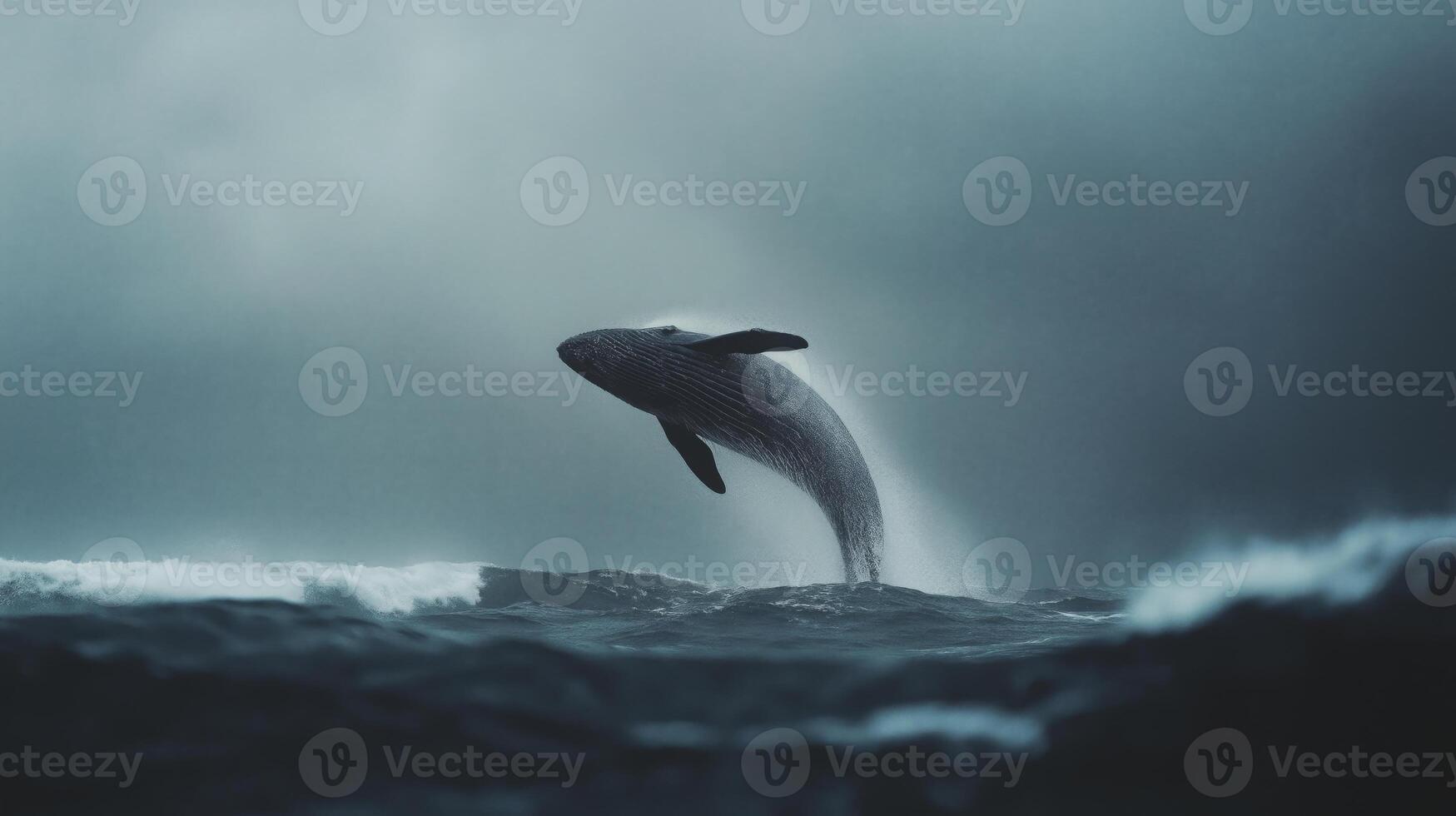 A whale breaches the surface of dark waters against a cloudy backdrop at dusk. photo