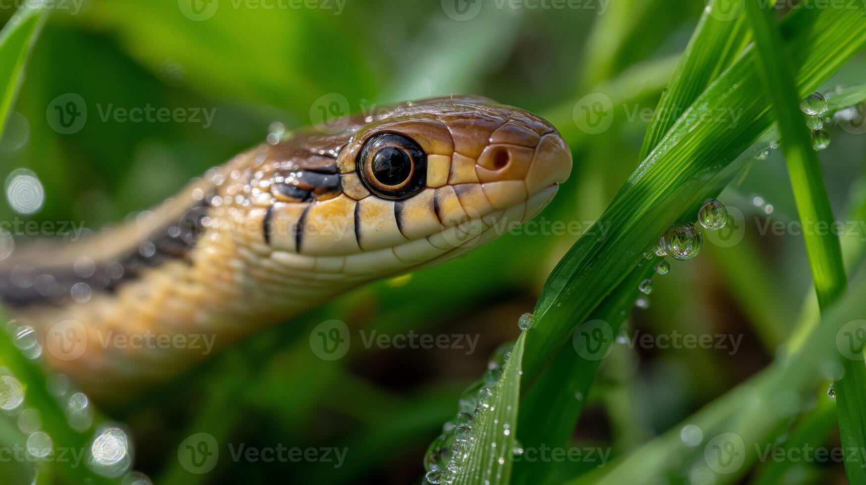 A snake navigates through lush green grass, reflecting droplets of water in sunlight. photo