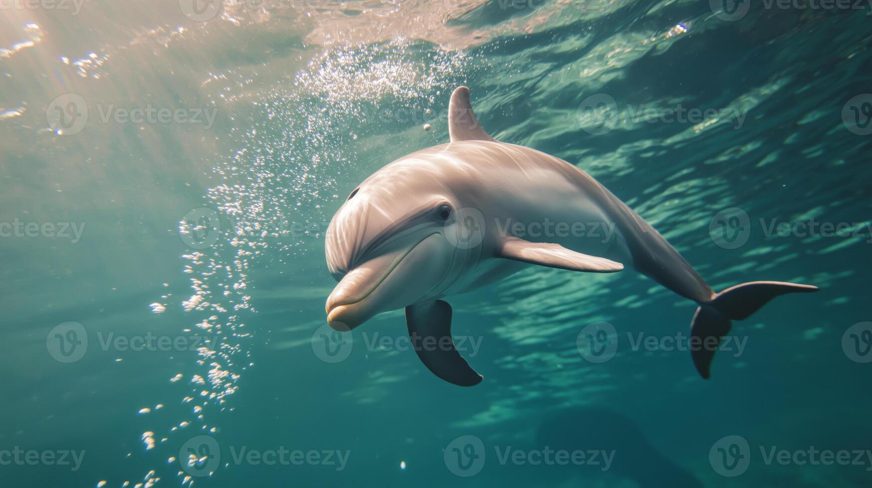 A playful dolphin swims effortlessly in the bright blue sea, surrounded by shimmering bubbles. photo