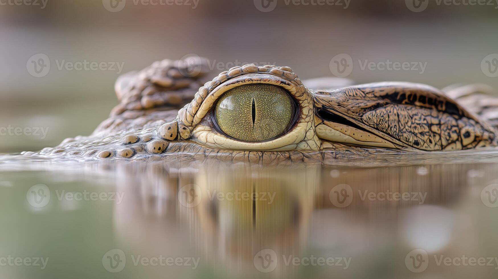 Crocodile watches quietly from the water, its eye reflecting the surrounding tranquility at dusk. photo