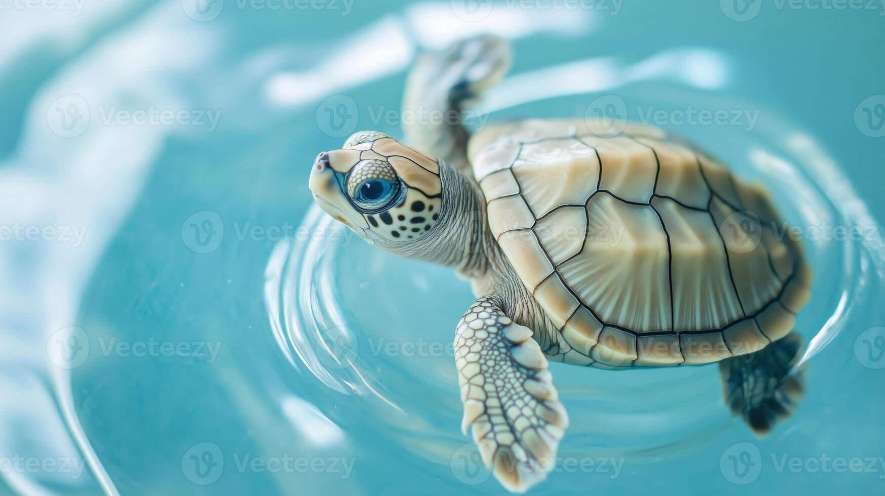 A young sea turtle swims in calm waters, revealing its intricate shell and bright eyes. photo