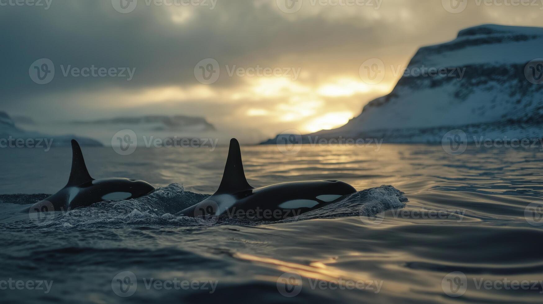 Two orcas swim through calm, icy waters at sunset, framed by rugged mountains. photo