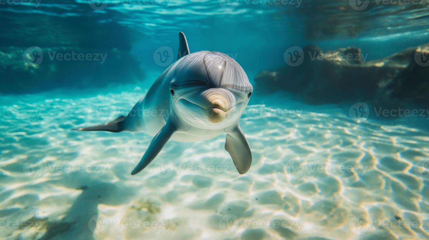 A playful dolphin swims effortlessly through crystal clear waters, showcasing its vibrant energy. photo