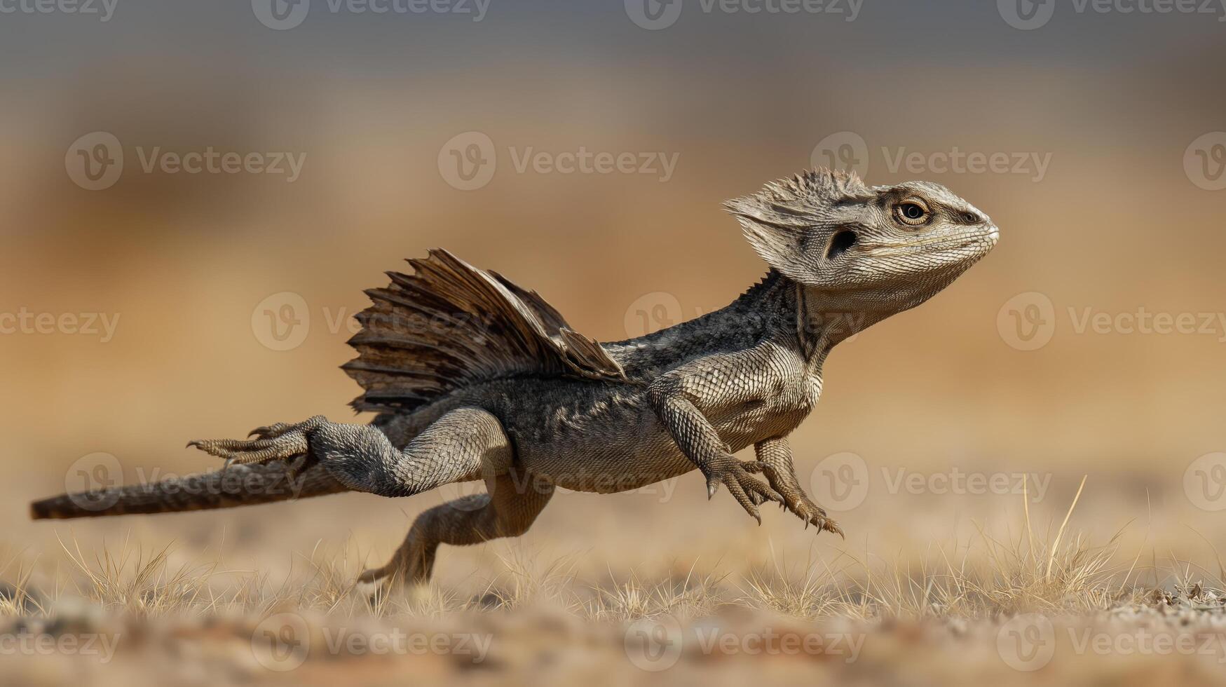A lizard quickly dashes over dry ground, showcasing its unique features in the sun. photo