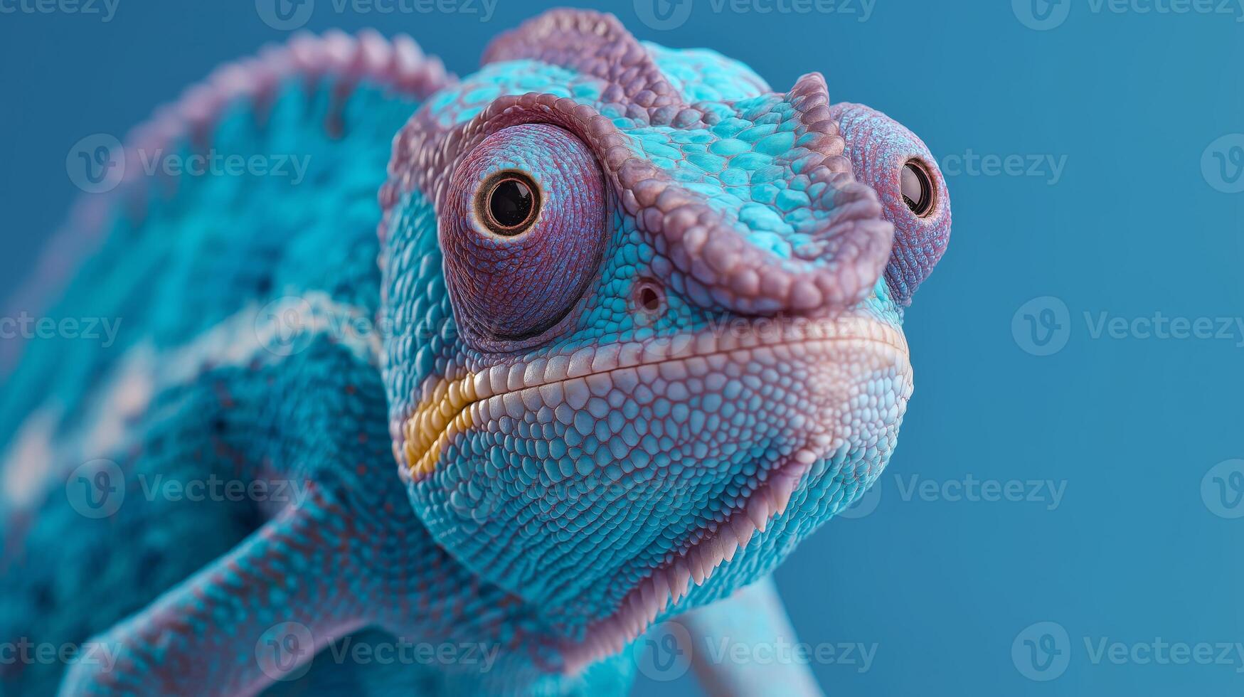A colorful chameleon displays its detailed skin patterns and textures on a vivid blue backdrop. photo