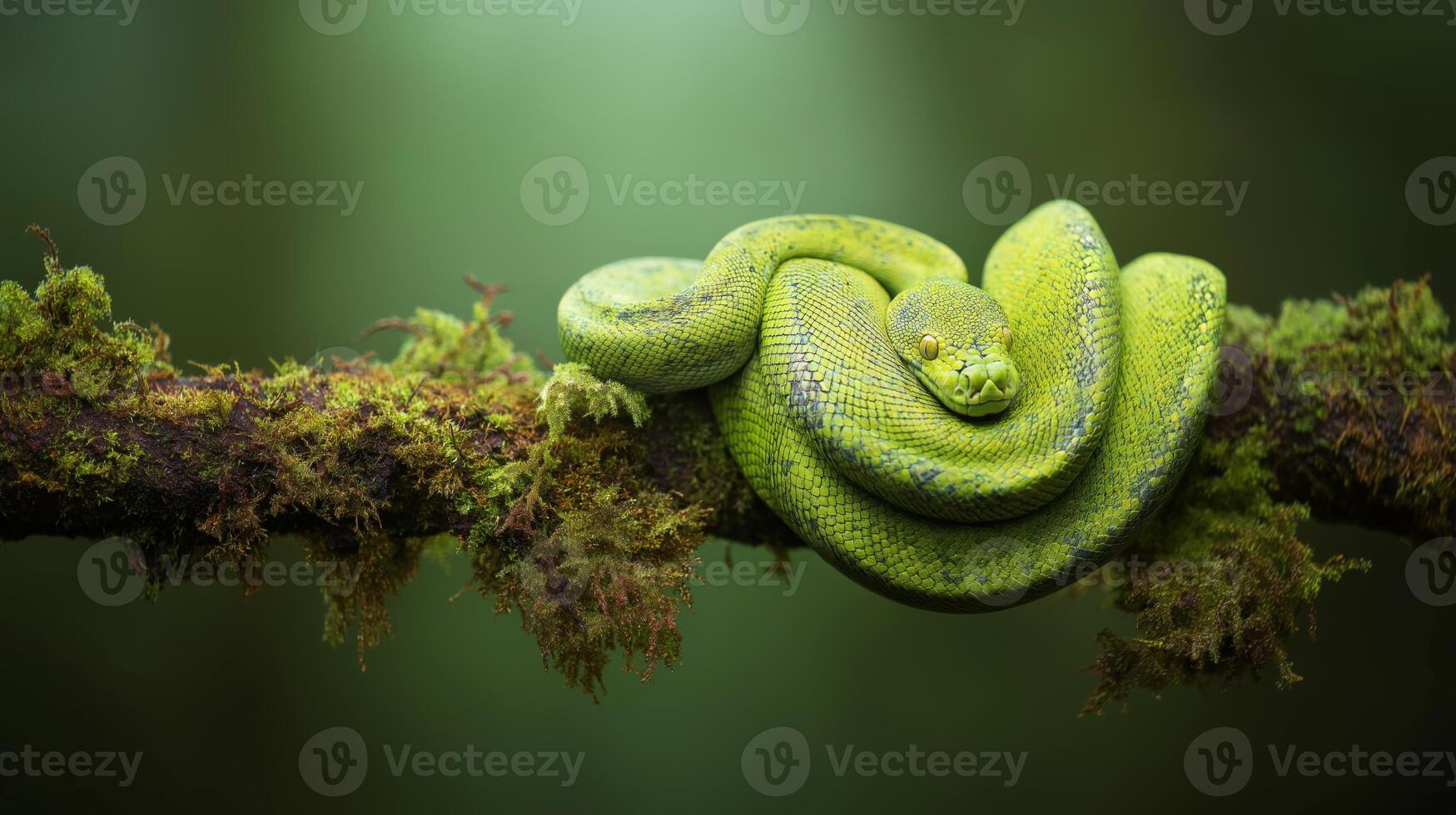 A green tree snake is coiled on a mossy branch in a vibrant forest, surrounded by lush greenery. photo