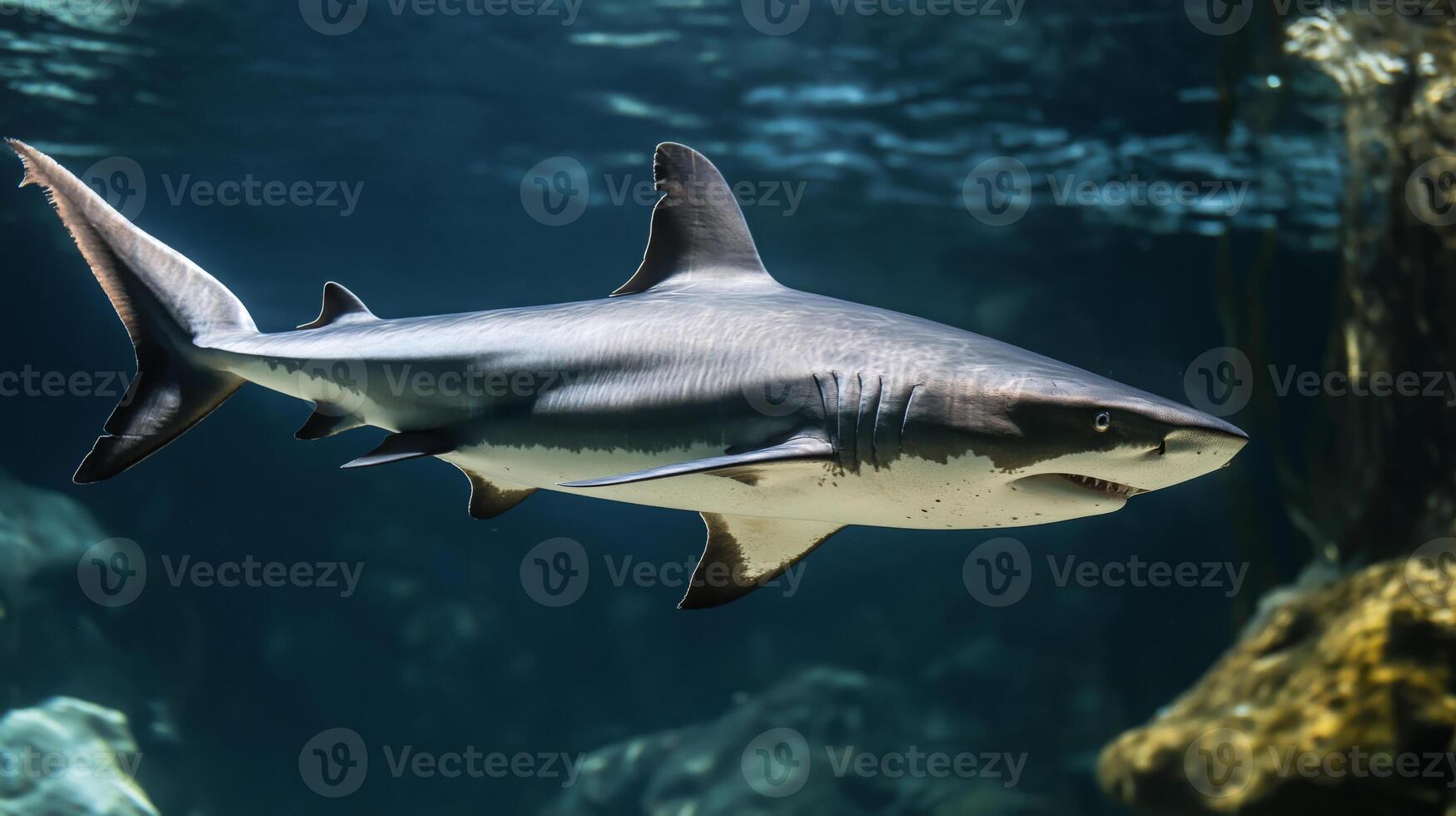 A large shark glides smoothly through the sparkling blue waters, showcasing its powerful form. photo