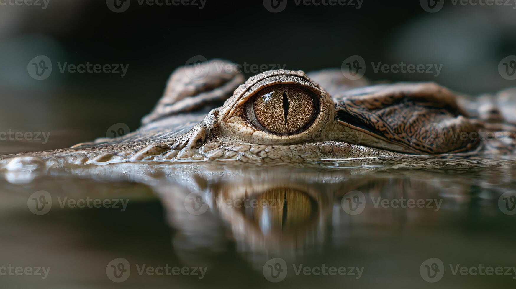 A crocodile partially submerged in clear water watches its surroundings with a bright eye. photo