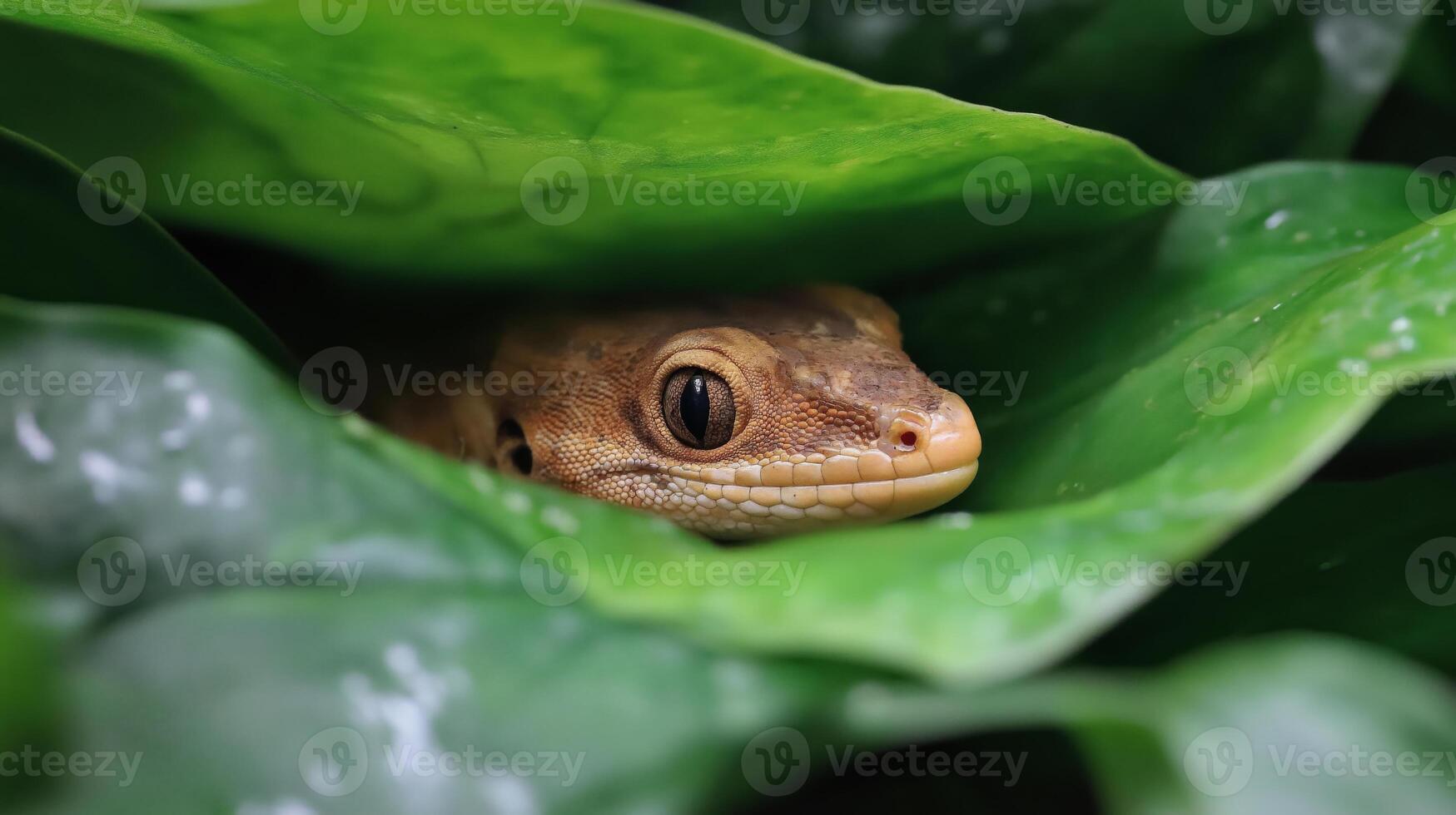 A gecko is nestled comfortably among lush green leaves, blending perfectly with its surroundings. photo