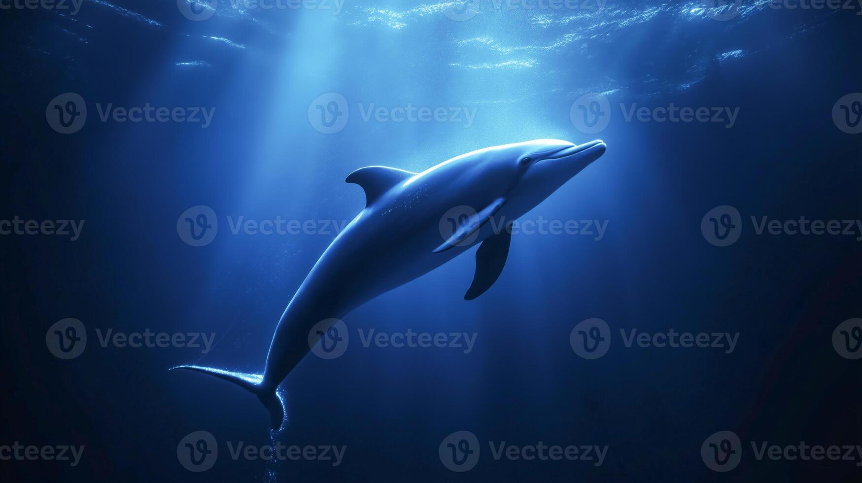 A dolphin glides gracefully underwater, lit by sunlight filtering through the waves. photo