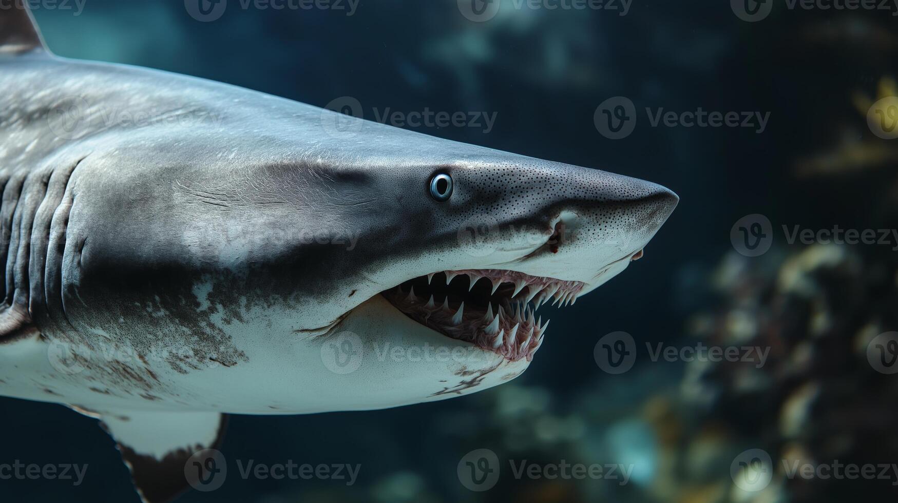 A large shark glides in the aquarium, showcasing its sharp teeth and sleek body. photo