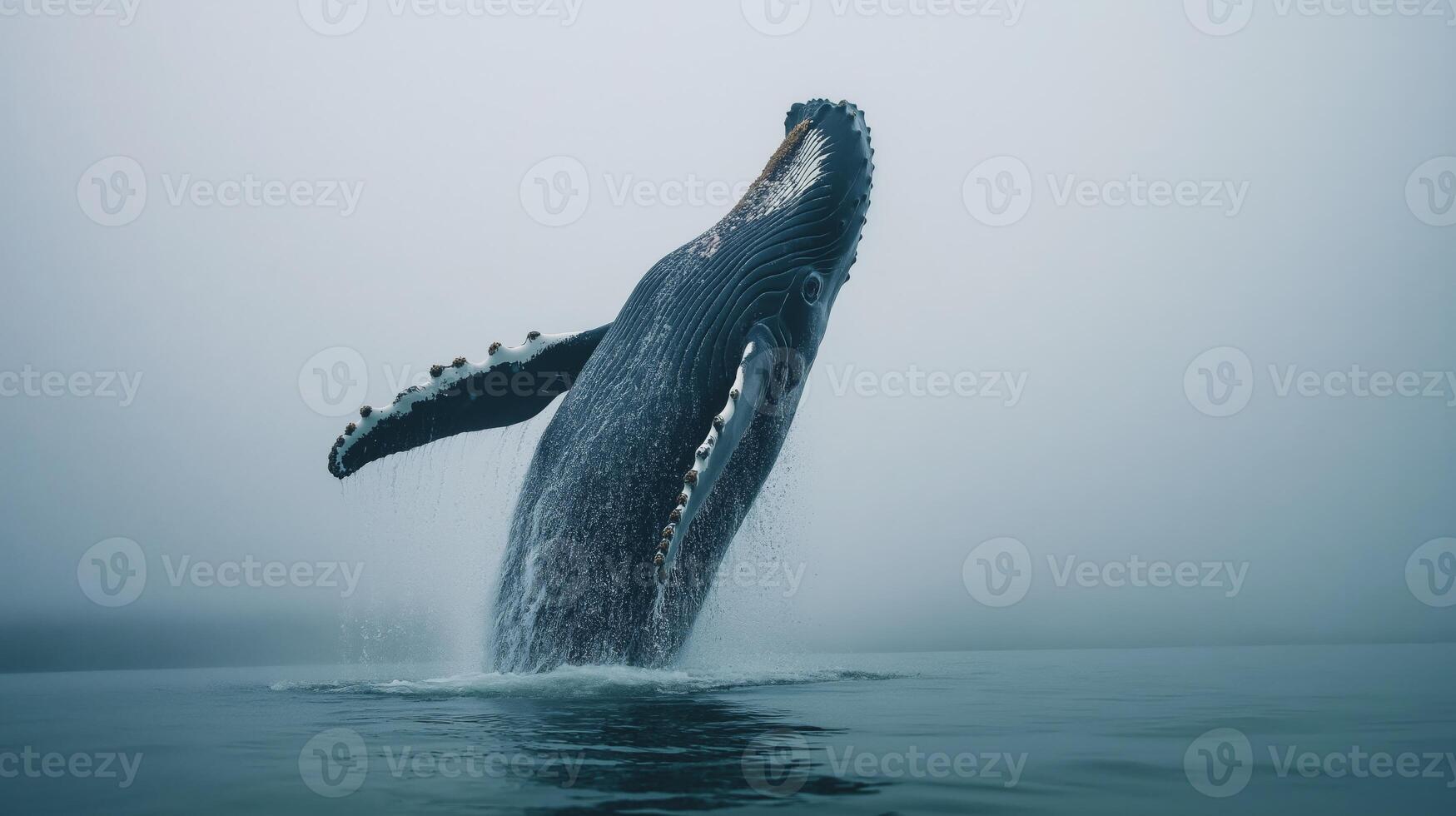 A humpback whale gracefully jumps out of the water in a foggy ocean, showcasing its majestic size. photo