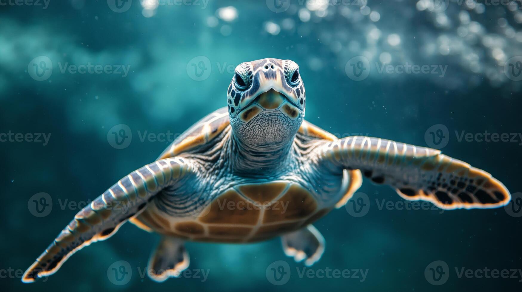 A sea turtle glides effortlessly underwater, surrounded by vibrant coral and sparkling light. photo
