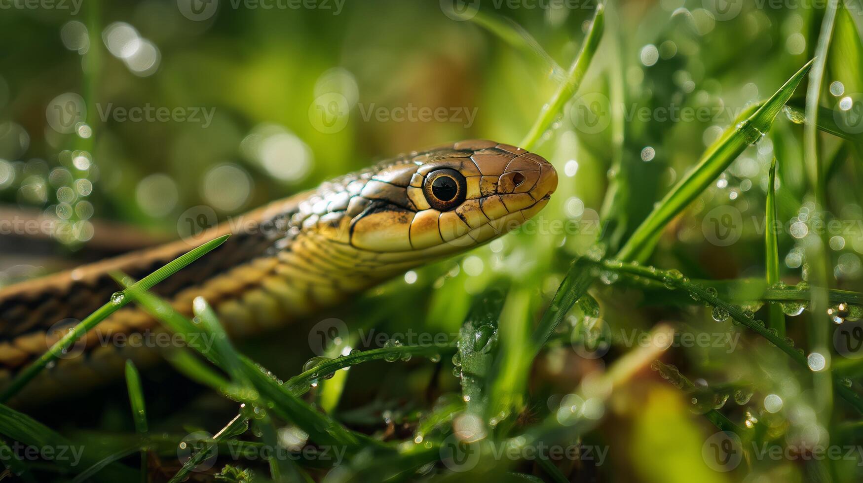 striped snake is coiled on fresh grass, glistening with morning dew in a vibrant setting photo