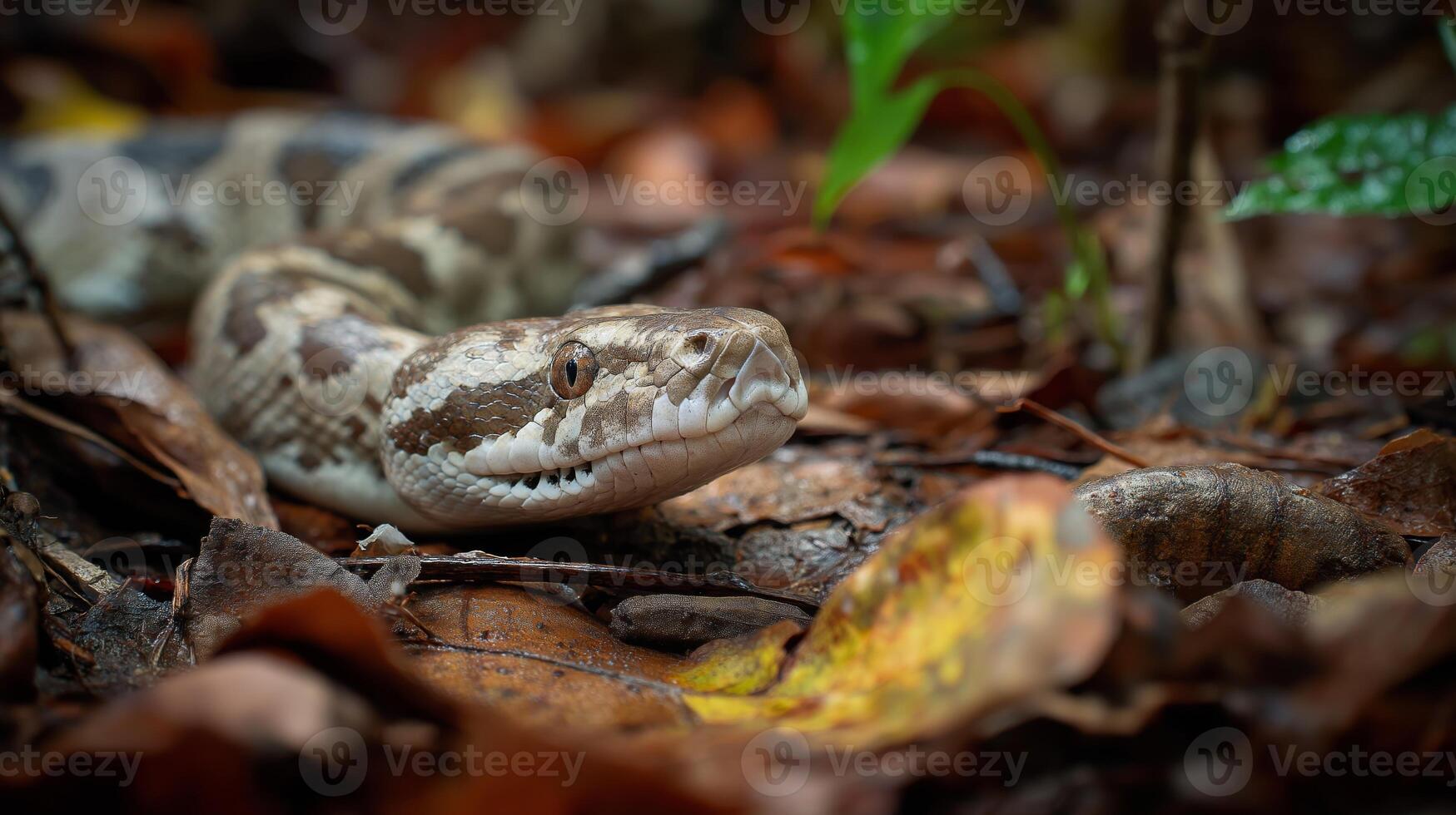 A python lies quietly on the forest floor, camouflaged by fallen leaves and twigs, in daylight. photo