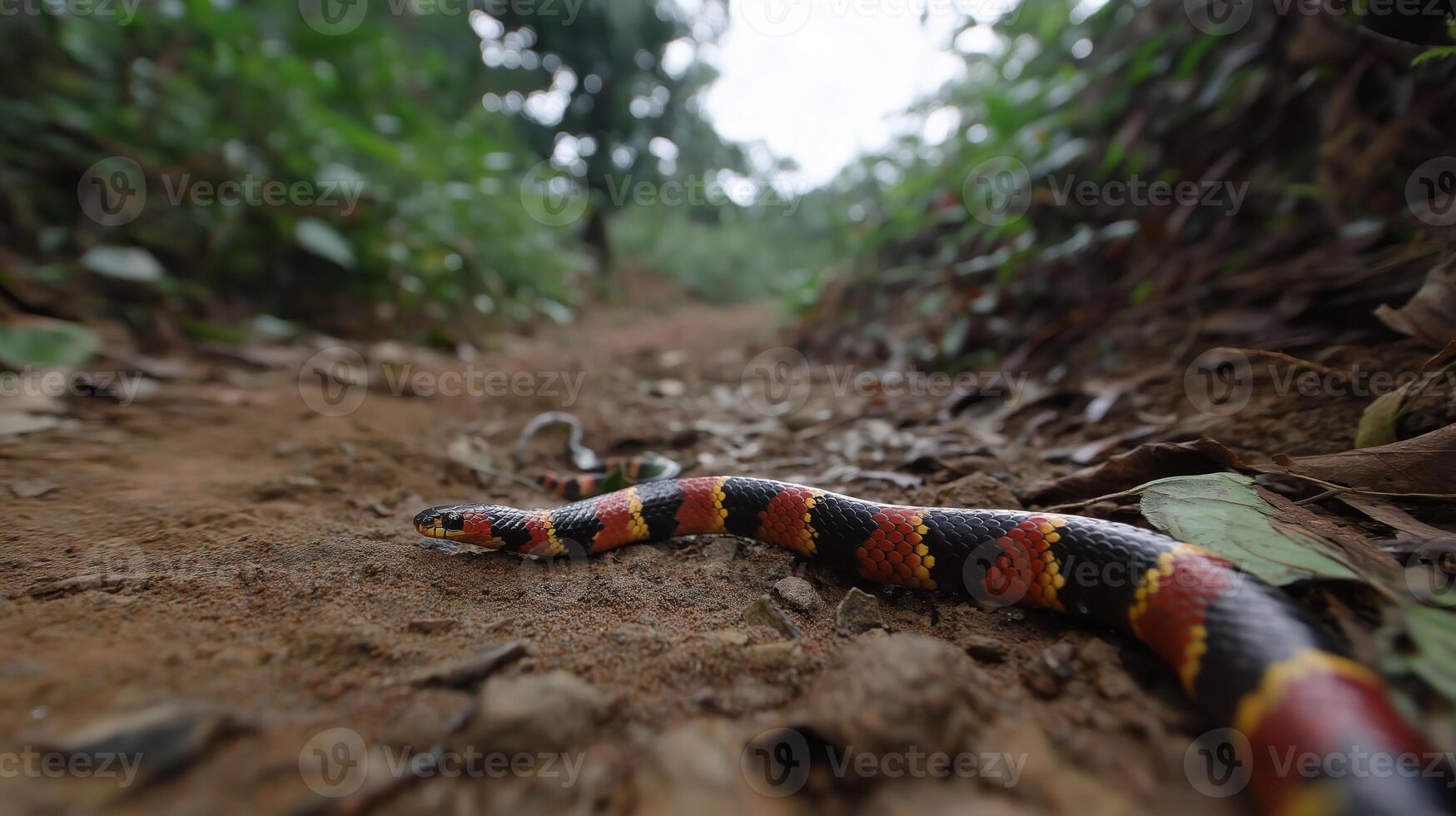 A vibrant coral snake moves steadily over a dirt pathway surrounded by dense green foliage. photo