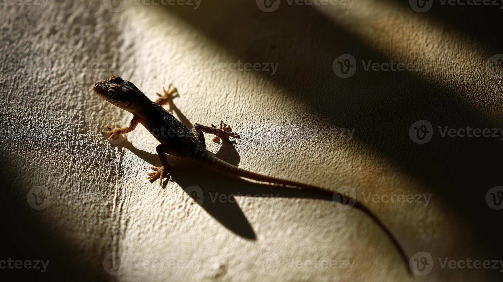 A small lizard relaxes under sunlight, casting elongated shadows on a textured surface. photo