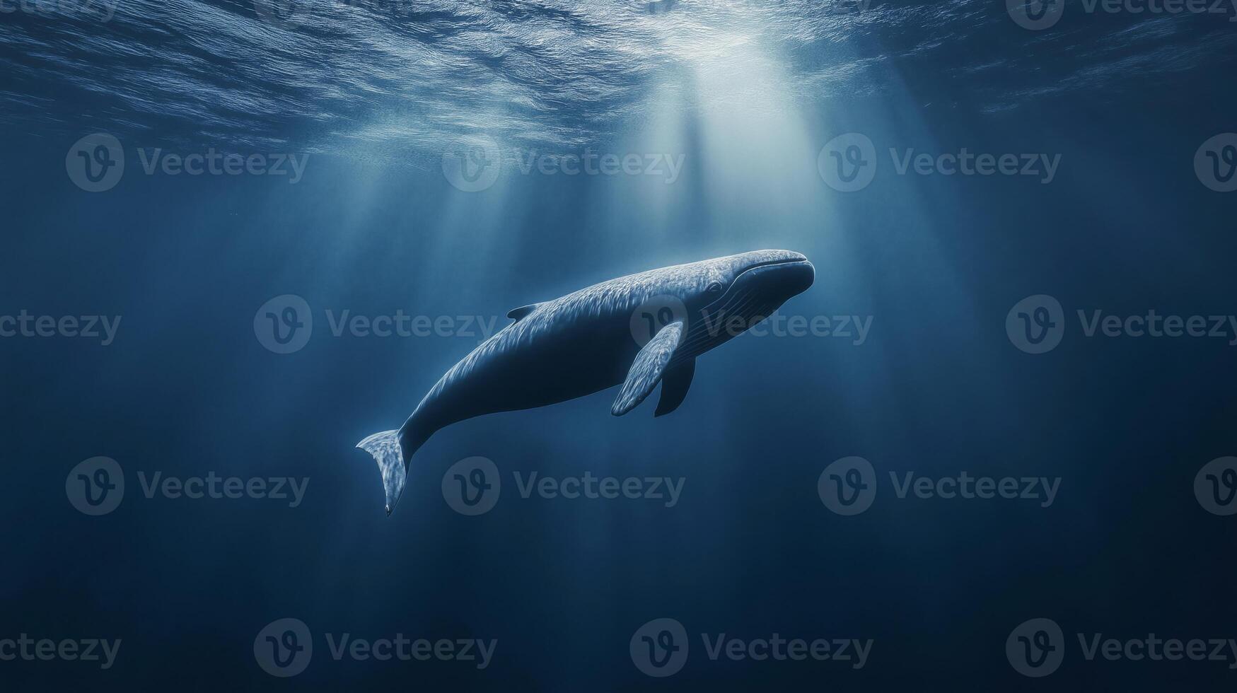 A large whale swims gracefully in the ocean's depths, sunlight filtering through the water above. photo