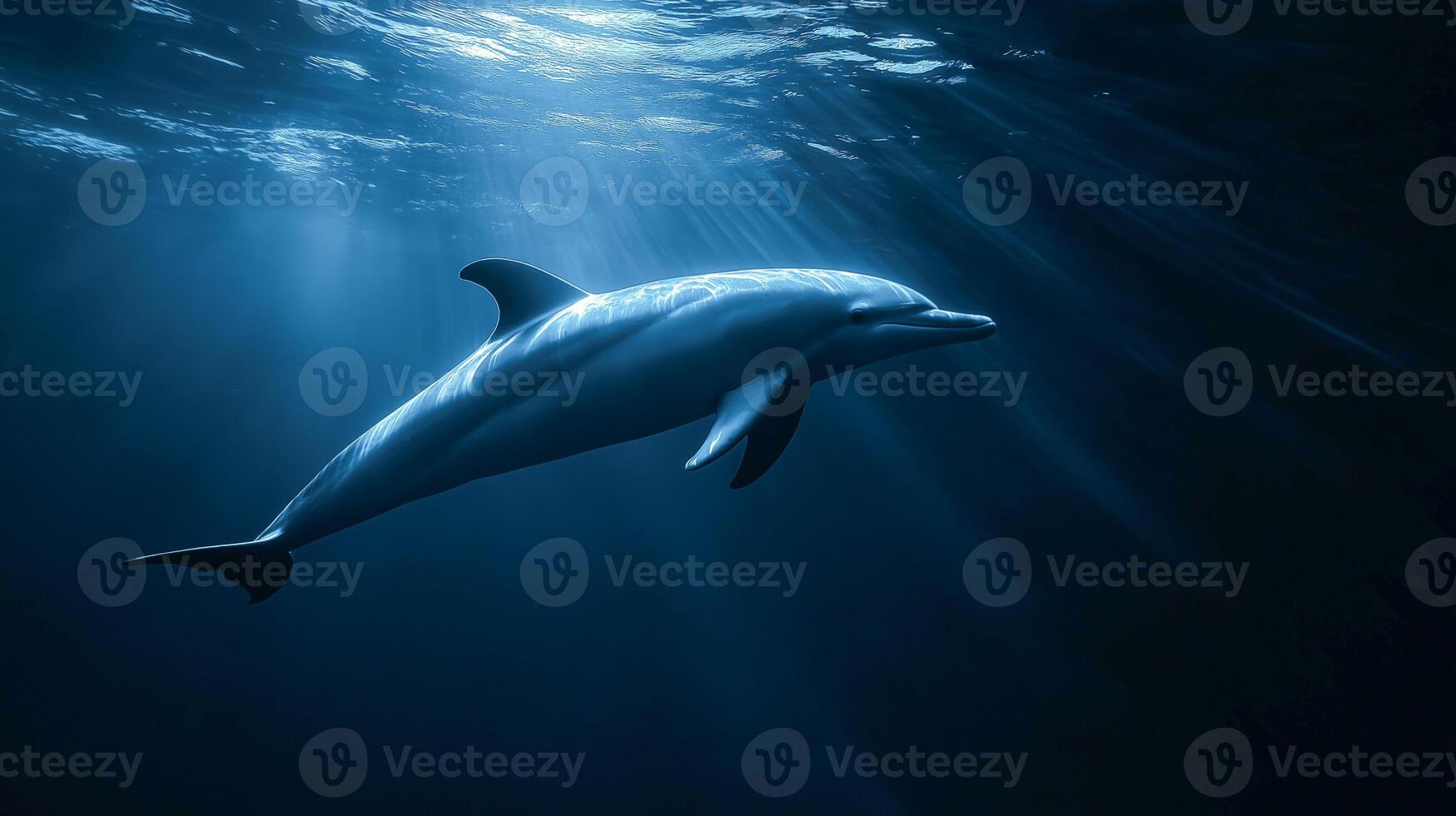 A dolphin glides through sunlit ocean depths, creating a serene atmosphere. photo