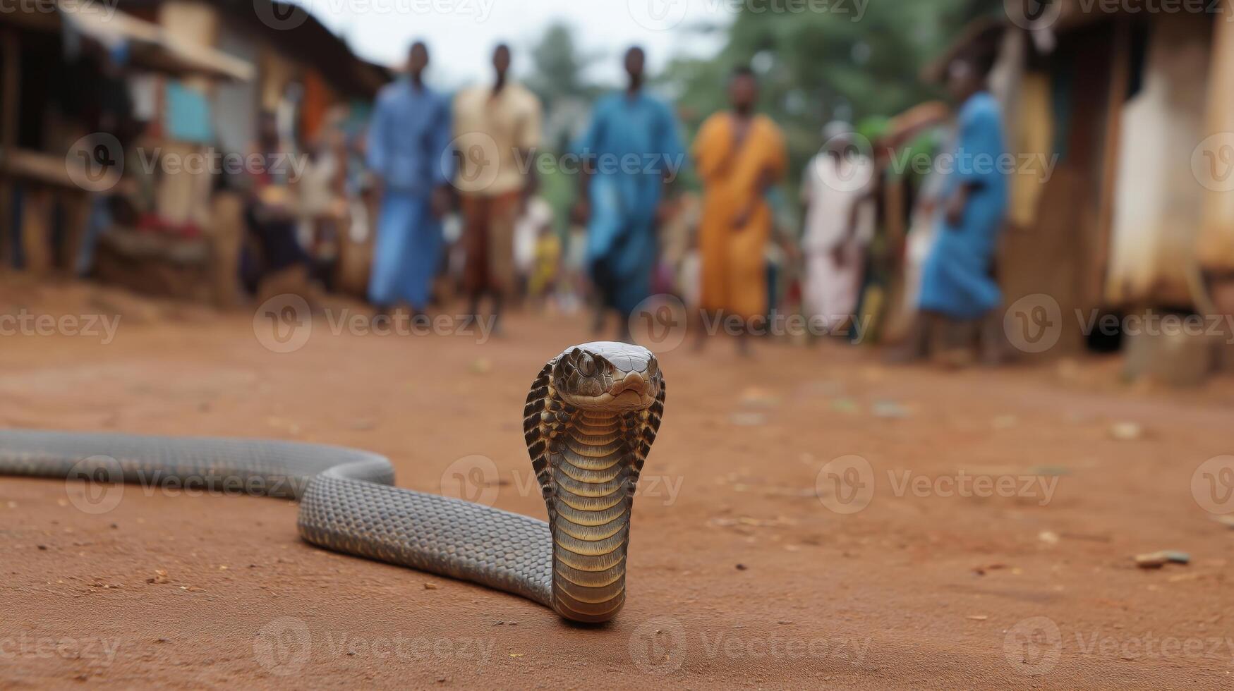 A large snake slithers down a dirt road, with villagers visible in the background. photo