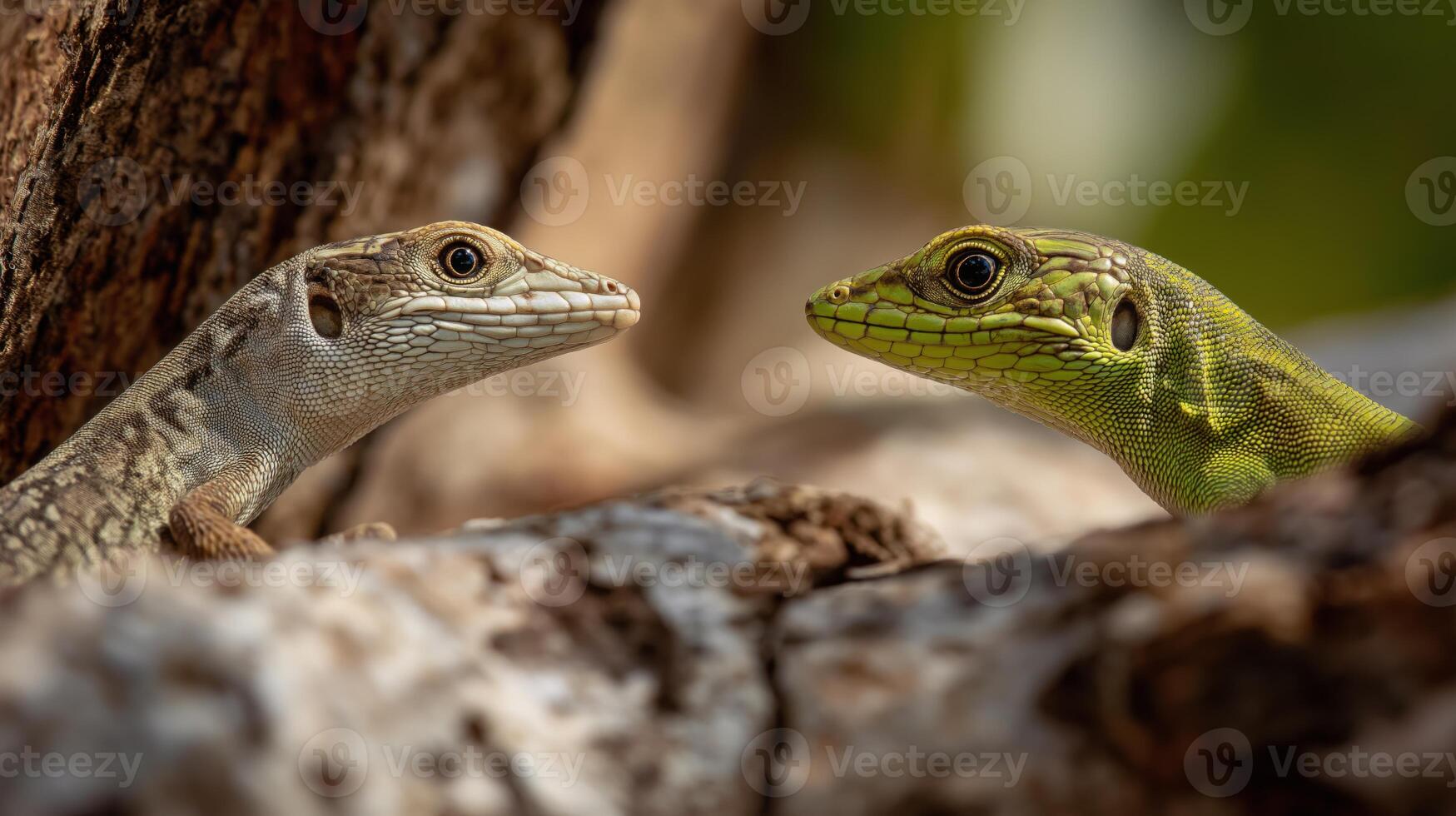 Two distinct lizards face each other on a textured tree branch, surrounded by green leaves. photo