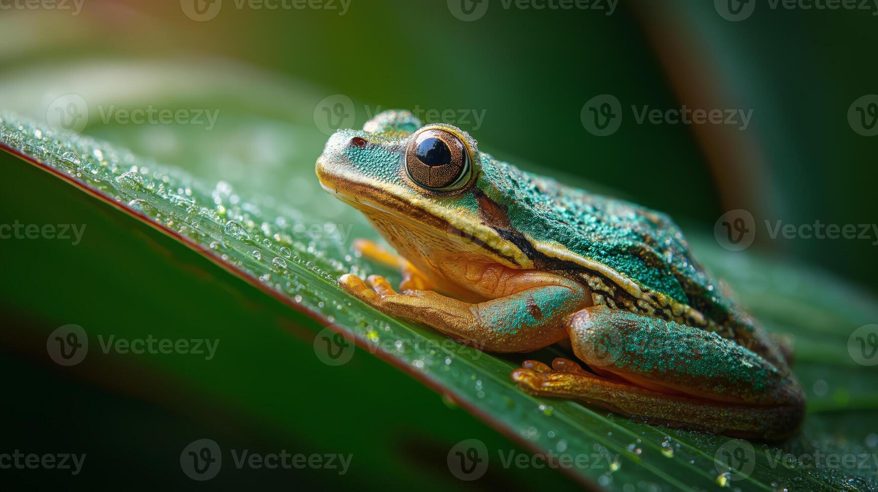 A vibrant frog sits quietly on a large green leaf, surrounded by moisture in a tropical environment. photo