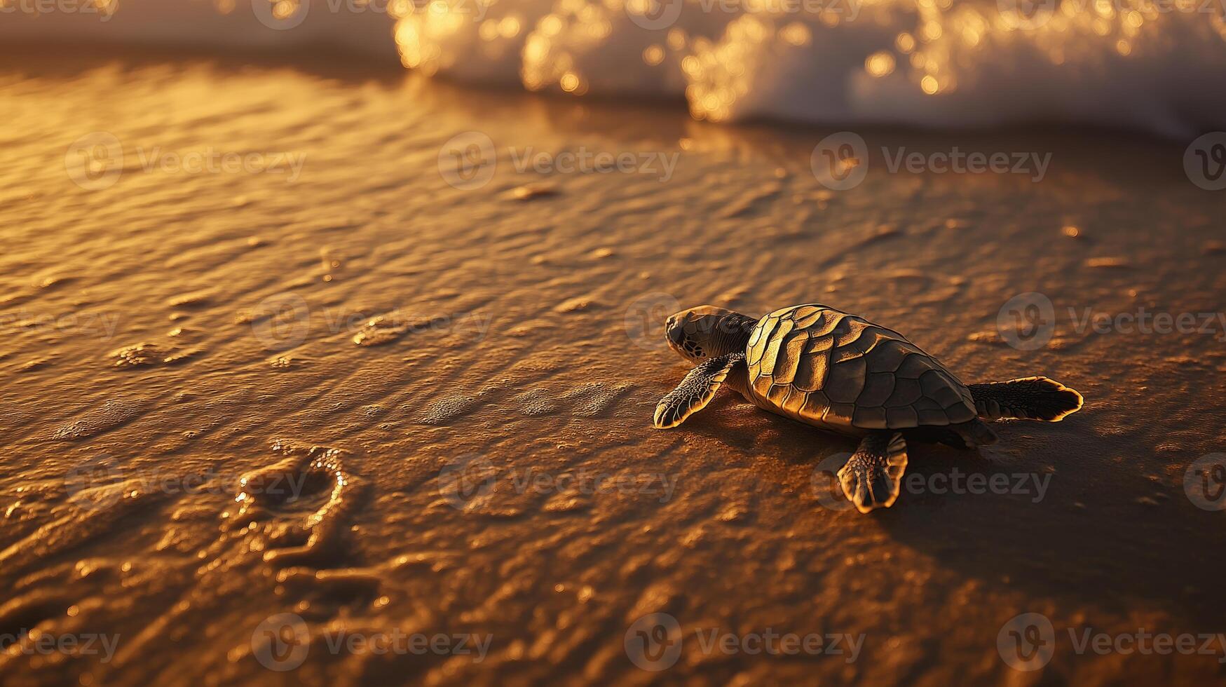 A small turtle makes its way to the ocean as waves crash gently on the shore at sunset. photo
