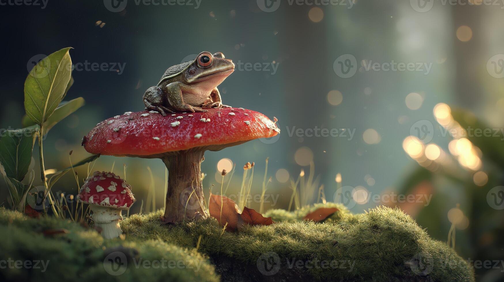 A frog perches on a red mushroom, surrounded by lush greenery and soft golden light. photo