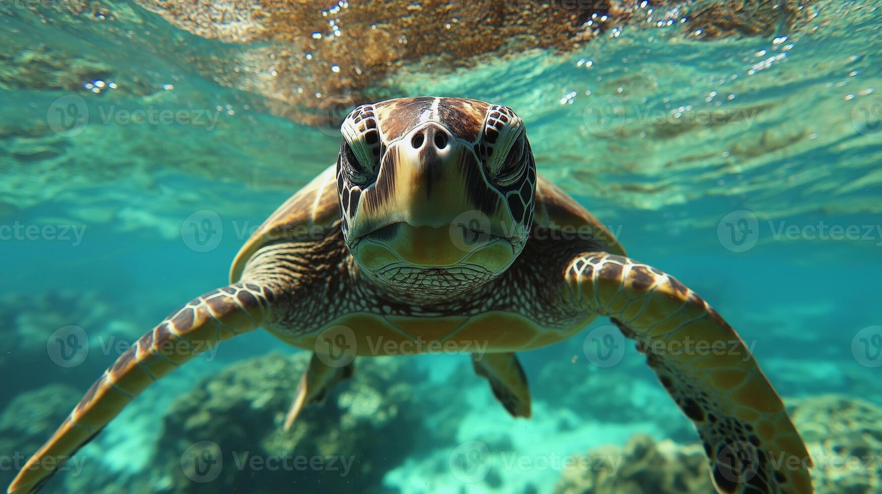 A sea turtle swims through clear water, displaying its vibrant shell and curious look. photo
