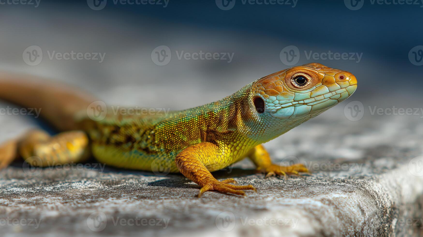 A vibrant lizard with intricate patterns basks on a sunlit stone by a body of water. photo