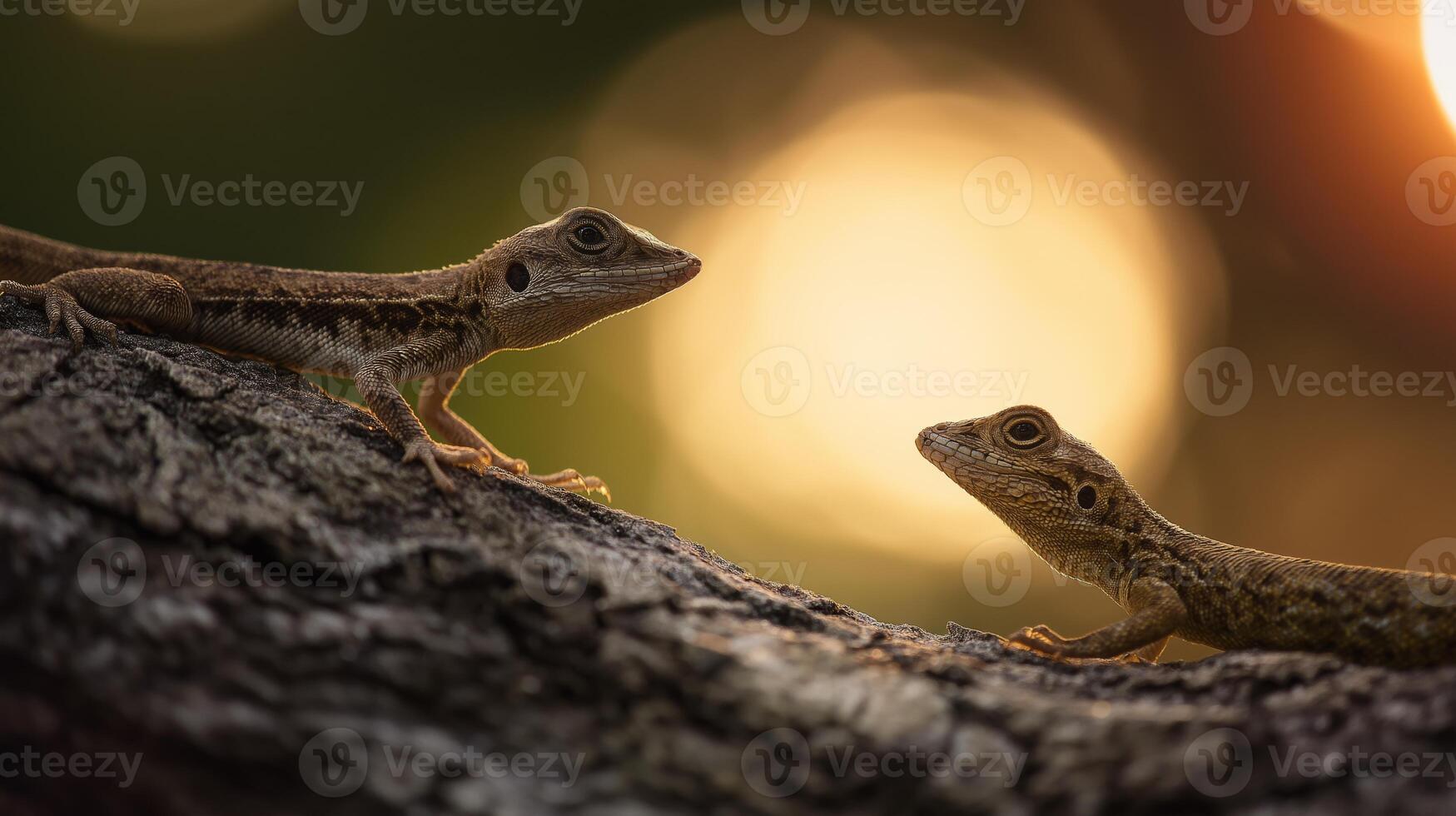 Two lizards are perched on a textured branch, illuminated by the warm glow of the setting sun. photo